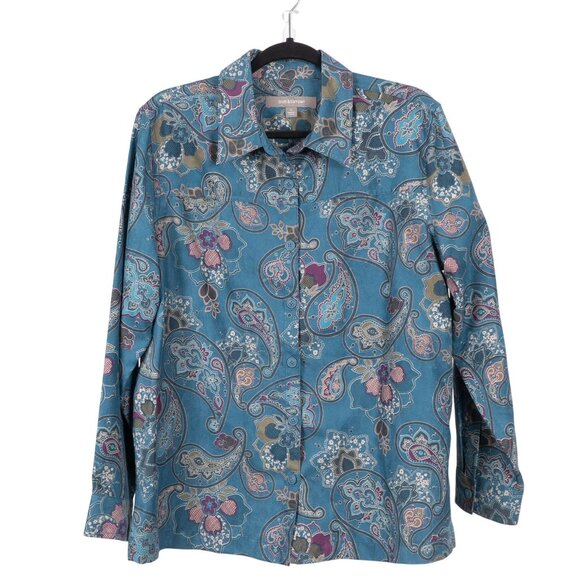 Croft & Barrow Paisley Button Up Shirt L Womens Teal Microfiber Collared - Picture 1 of 6